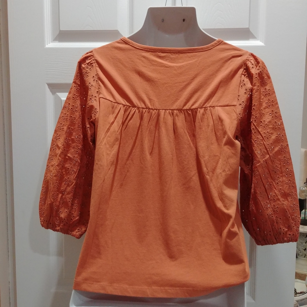 NWT J. Crew eyelet 3/4 sleeves boxy orange eyelet blouse size Small - Picture 3 of 4